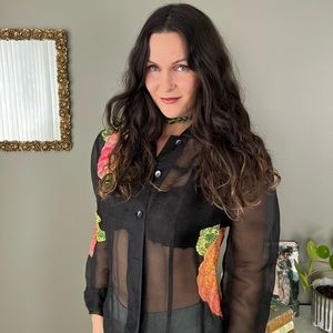 Vintage Black Sheer Button Down Blouse ~ floral Embroidery ~ Stephanie Thomas